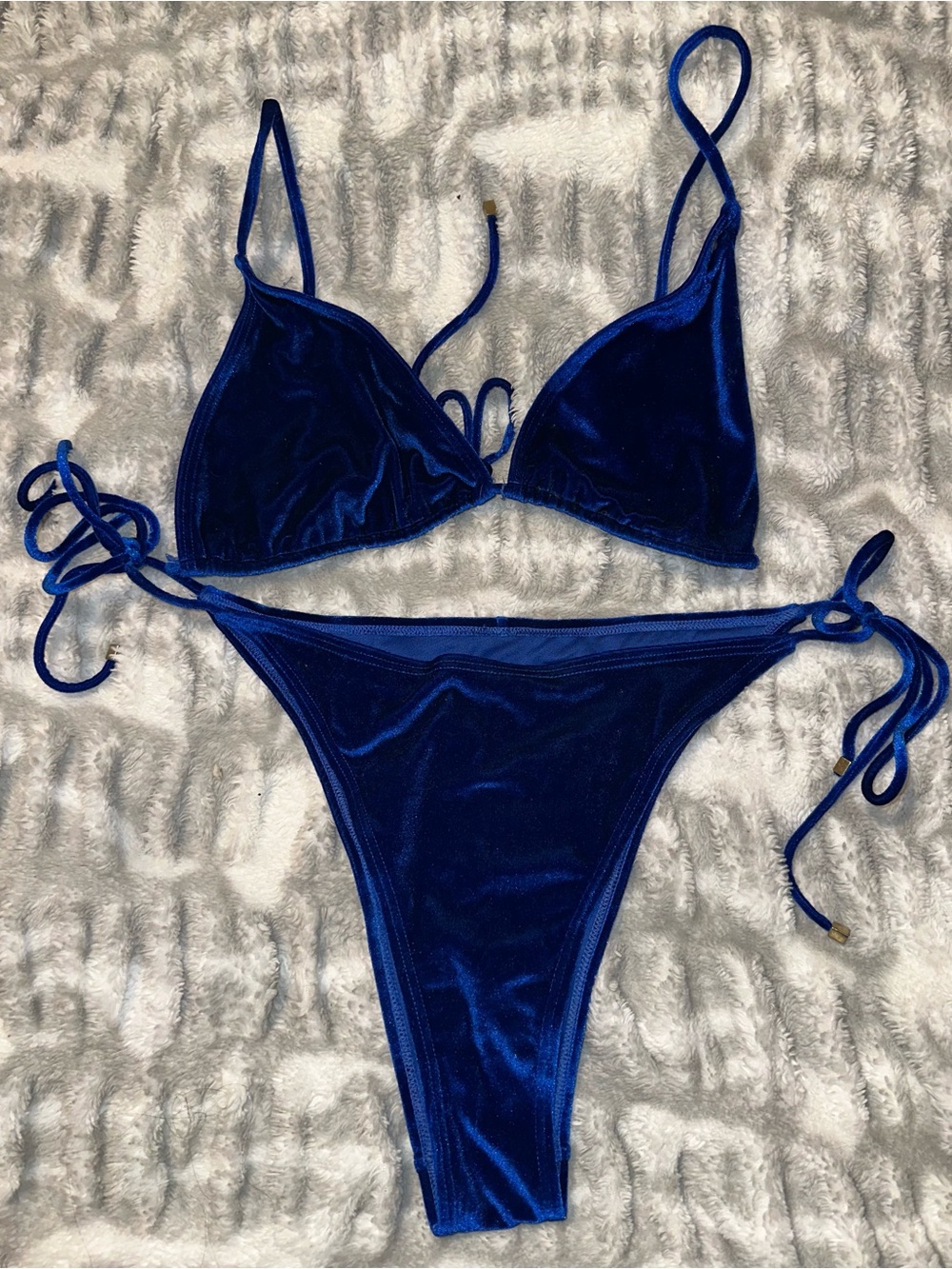 Fashion Nova Royal Blue Velvet Tie-Side Bikini Set